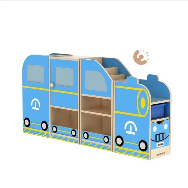 

Eibele New Style Wholesale Kids Train Shape Bookcase Wood Book Toys Storage Cabinet Children Bookshelf for Kindergarten