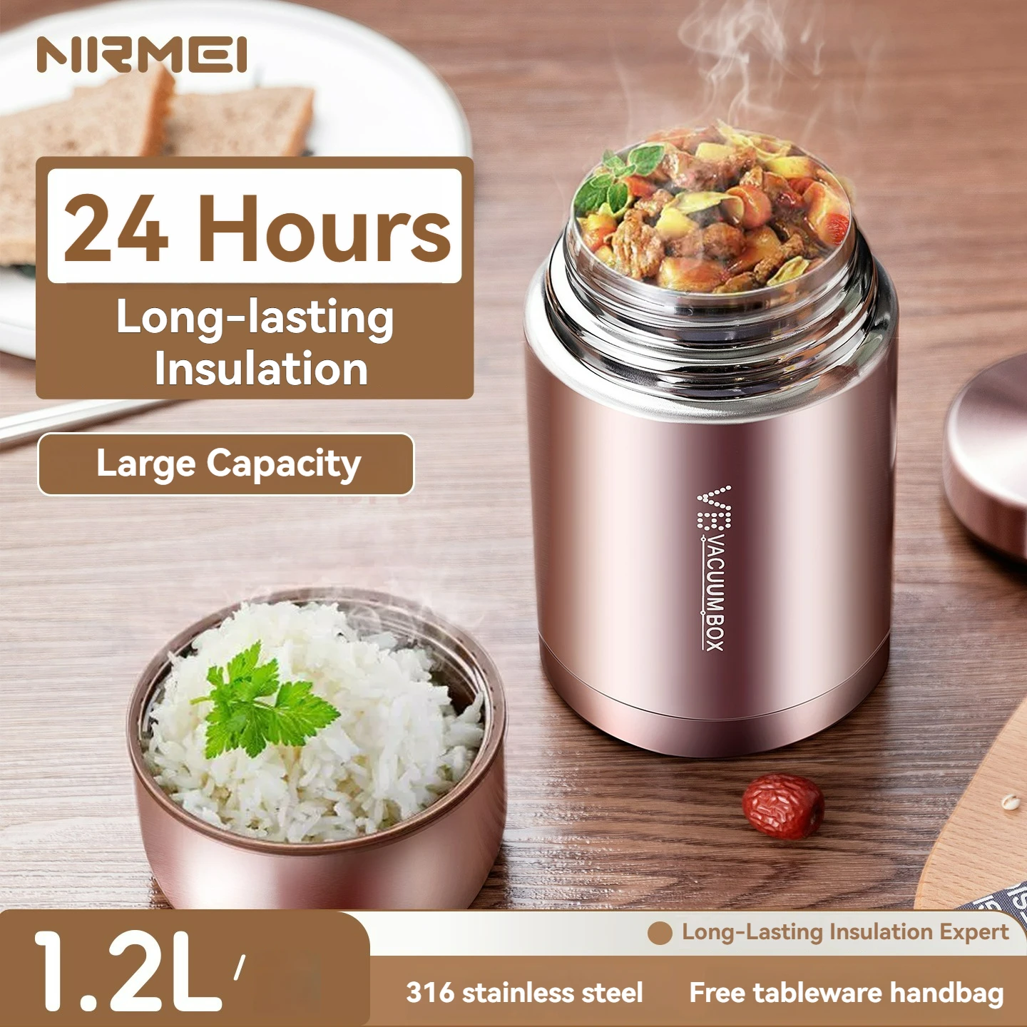 Recipiente Térmico Isolado para Alimentos em Aço Inoxidável 316, Caixa de Arroz de Grande Capacidade para Camping e Viagens ao Ar Livre