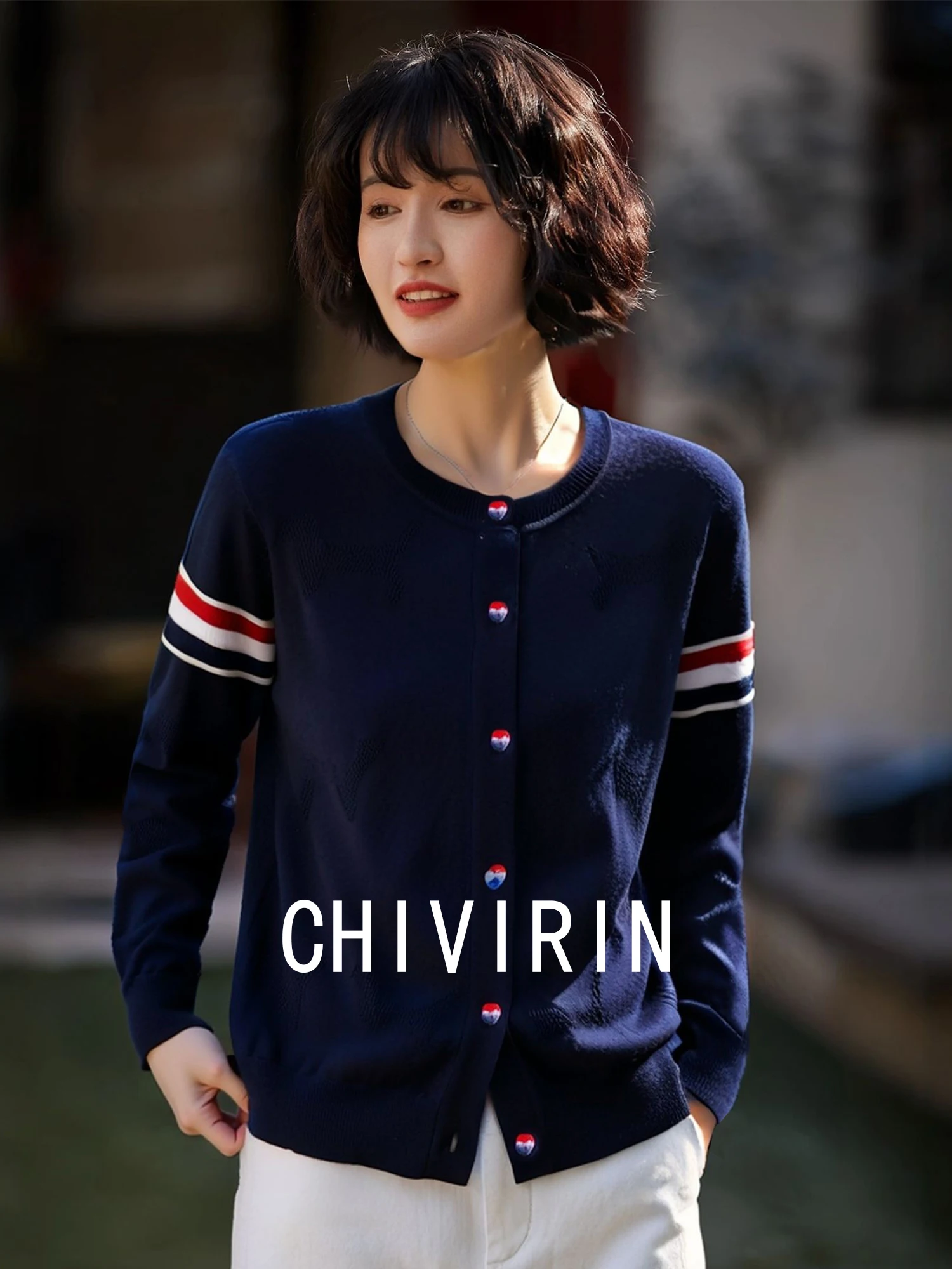 

Ele Red White Striped Knitwear Women's Baseball Sle Open Cardigan Spring Autumn New Arrival Comfortable Regular Fit