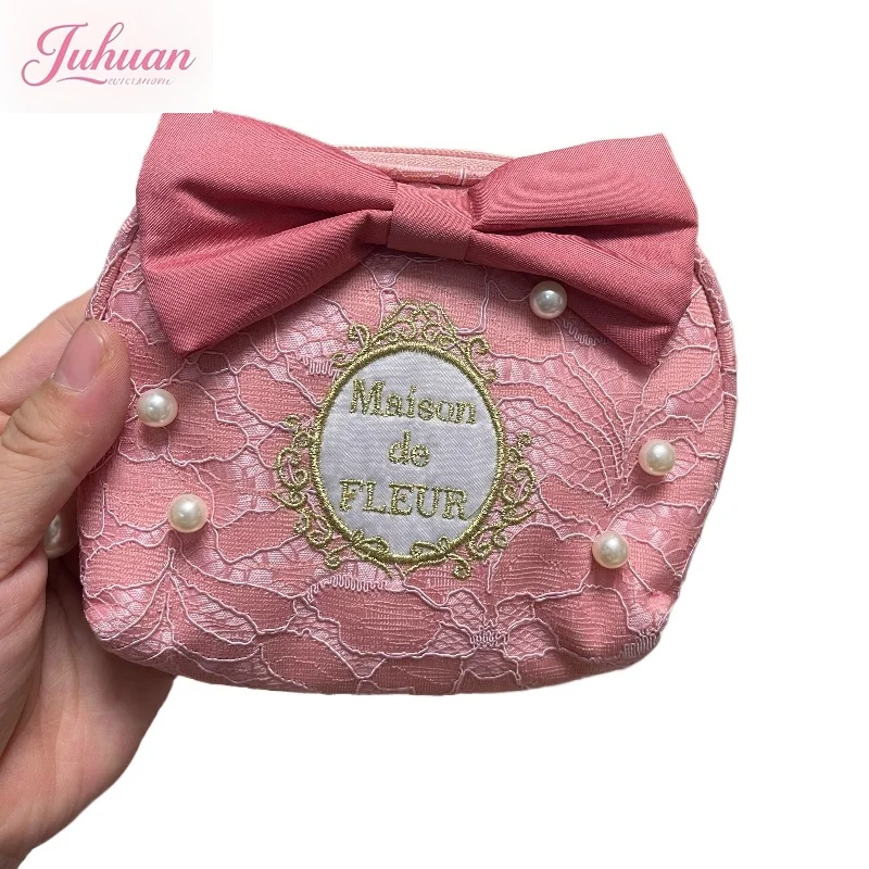 Japanese Original Girl British Style Lace Pearl Floral Pattern Pink Bow Small Change High Value Storage Bucket-shaped Women Bag