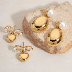 Light Cozy 18K PVD Plated Stainless Steel Pearl Bowknot Hanging love Heart Pendant Earrings Trendy Women Premium Jewelry