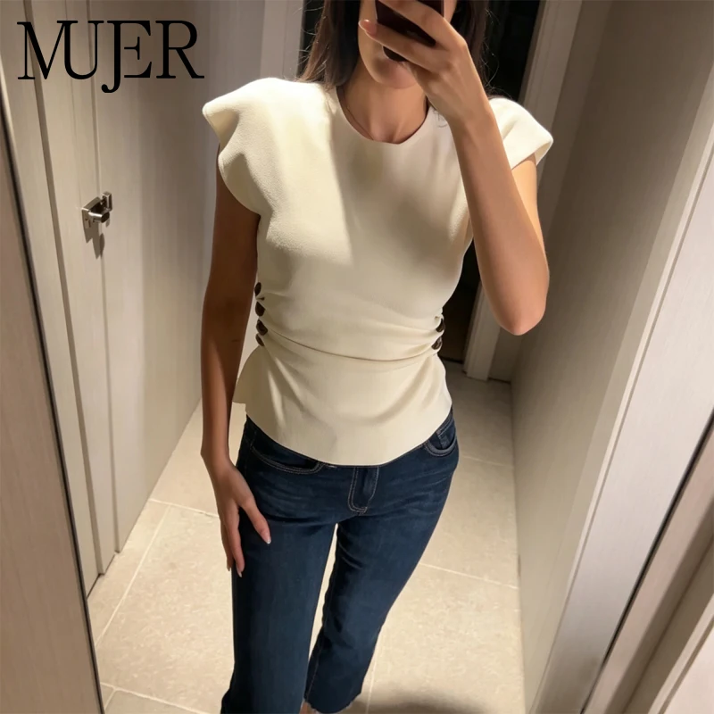 MUJER Cut-Out-Strickoberteil für Damen, Perlen-Crop-Top, Damen-Tanktop mit kurzen Ärmeln, elegantes Bustier-Oberteil, Party-Oberteil für Damen