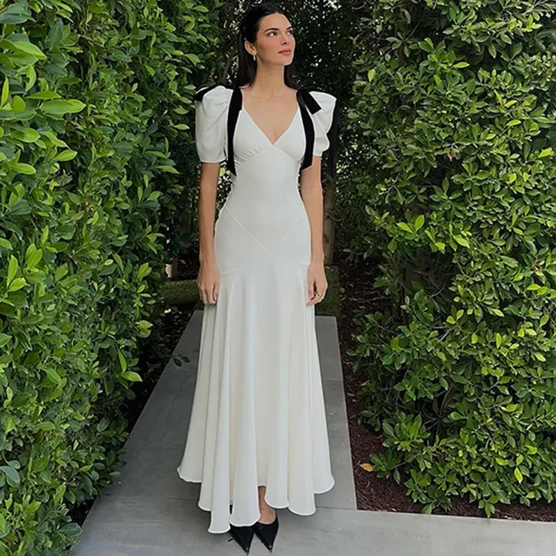 

Elegant Bow Lace Up Maxi Dress For Women Puff Sleeveless Plunge V Neck Fashion Beach Vacation Dress Splice Outfits Summer