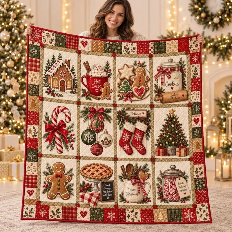 VIKAMA Christmas Throw Blanket Farmhouse Gingerbread House Hot Cocoa Candy Cane Quilt Sofa Cover Xmas Couch Blanket Room Decor