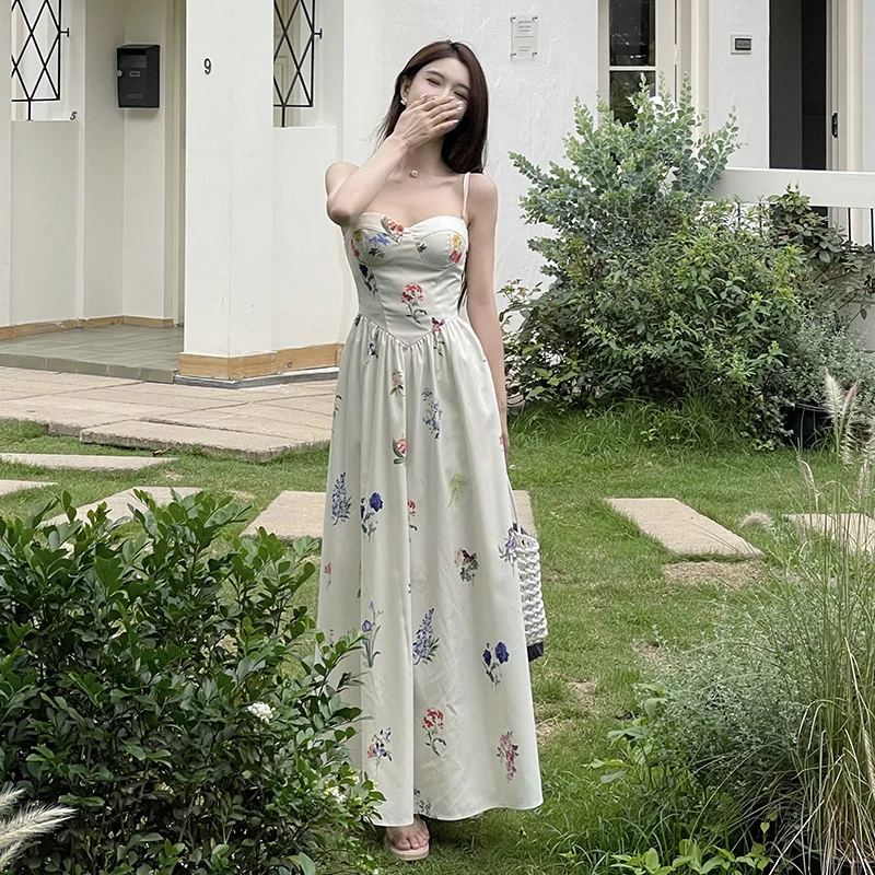 Vestido camisola de retazos florales Retro francés para mujer, falda acampanada de hada de estilo Pastoral elástico de verano, vestido plisado coreano Y2K