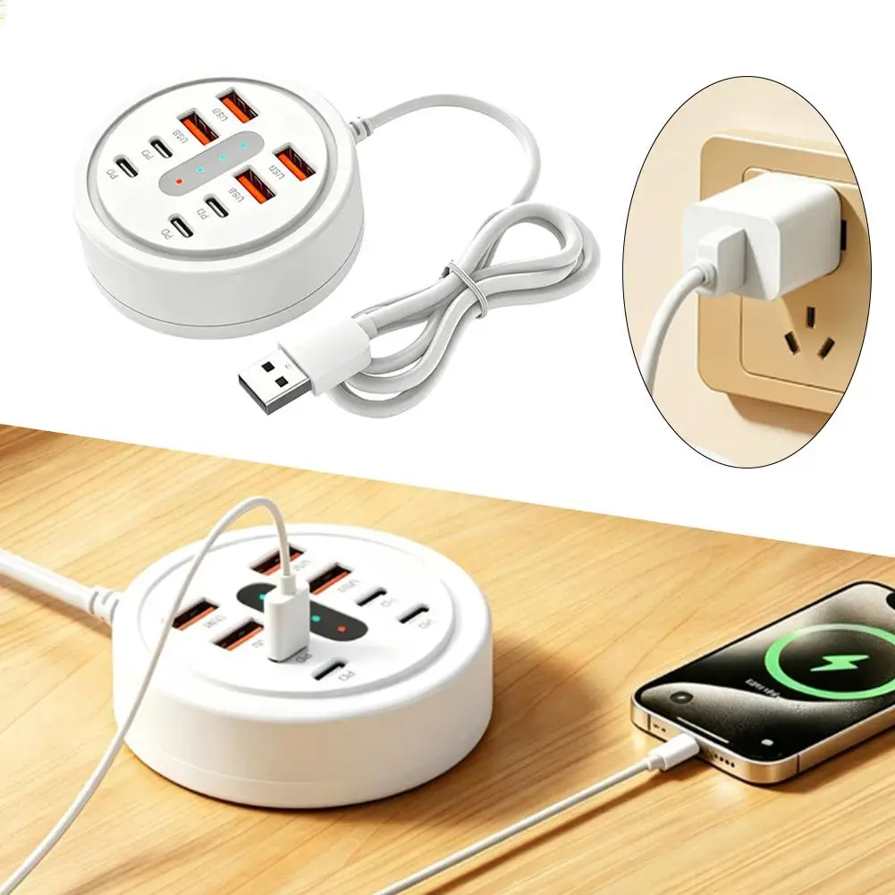 66w 8-Port Usb Fast Charger 4 Usb +4 Type‑C Round Portable Charging For Home Office Devices Charging
