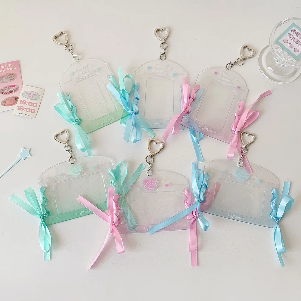 With Keychain DIY Ribbon Photocard Holder Love Heart Pendant Hanging Decoration ID Photo Photocard Frame PVC Card Cover
