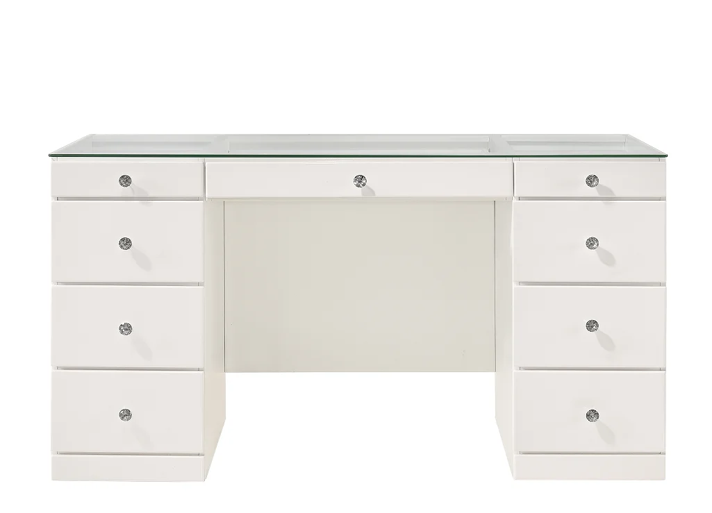 

#Modern Durable Makeup Vanity Table With Glass Top 9 Drawers White Wooden Bedroom Furniture For Living Room