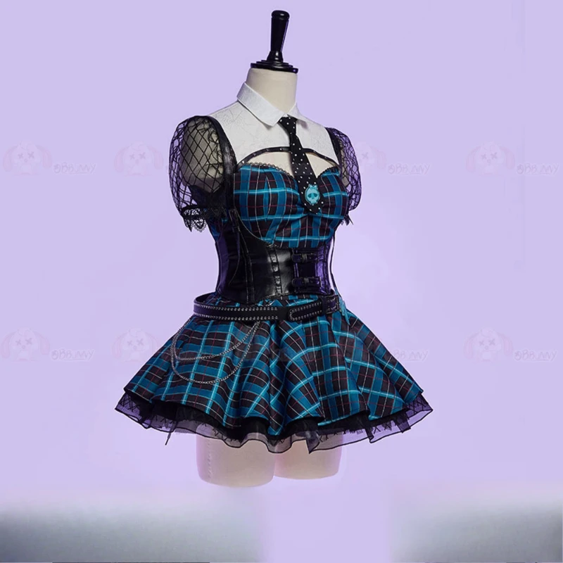 Original Design Blue Plaid Lace Splicing Hollow Out Women's Dress New Halloween Sweet Cool Cute Puff Sleeve Short Dresses Girl