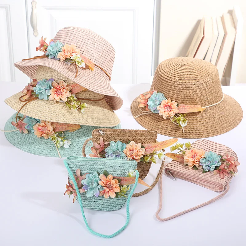 Girls Straw Hat Set Tourism Sun Hat Flower Children Sun Hat and Bag Set Baby Outdoor Wide Brim Bucket Hats Set