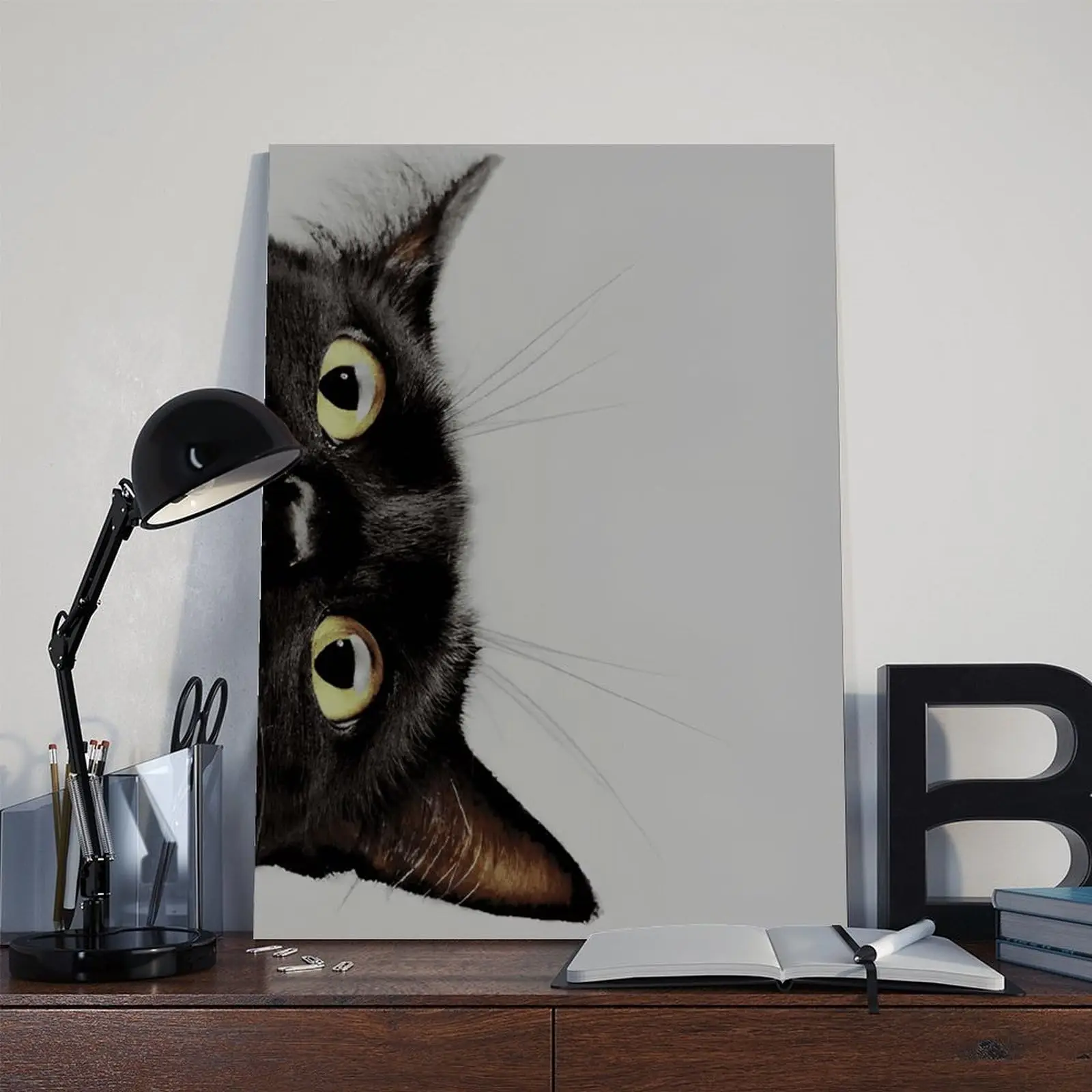Black Cat Canvas Print Wall Art – Playful Peeking Cat Poster – Modern Animal Artwork for Living Room, Bedroom, Office Decor, G