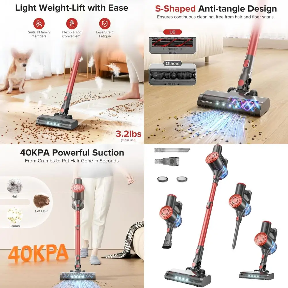 

Беспроводной вертикальный пылесос 40KPA, легкий, с 8-ступенчатой системой фильтрации, идеально подходит для всех типов полов и шерсти домашних животных