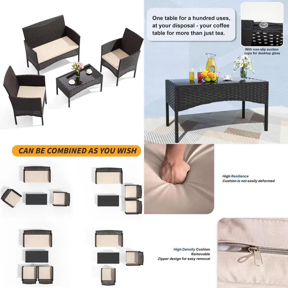 

Комплект мебели для патио на открытом воздухе: плетеные стулья, диван, подушки и стеклянный журнальный столик из 4 предметов.