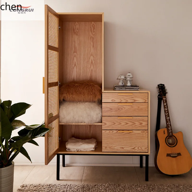HT Solid Wood Wardrobe Simple Rattan Home Bedroom Single Door Four Drawer Floor Wardrobe Vintage Left and Right Optional Cabinet
