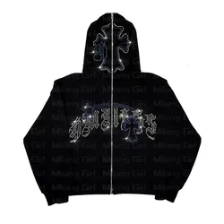 Men Y2K Fashion Hoodie Rhinestones letter graphics Print Zip Hoodie clothes Hoodies Goth Long Sleeve Sweatshirt Oversized Top