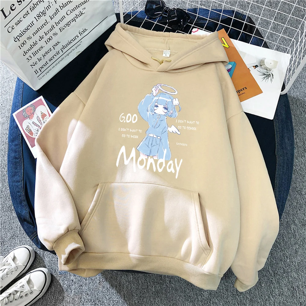 Cute Monday Girl Harajuku Pattern Women Hoodies Harajuku Multicolor Pullovers Fleece Soft Sportswears Casual Pocket Hoody Unisex