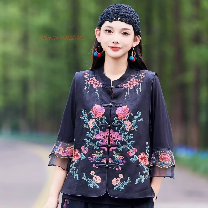 

2025 chinese vintage hanfu tops traditional satin jacquard stand collar vest national flower embroidery vest sleeveless jacket