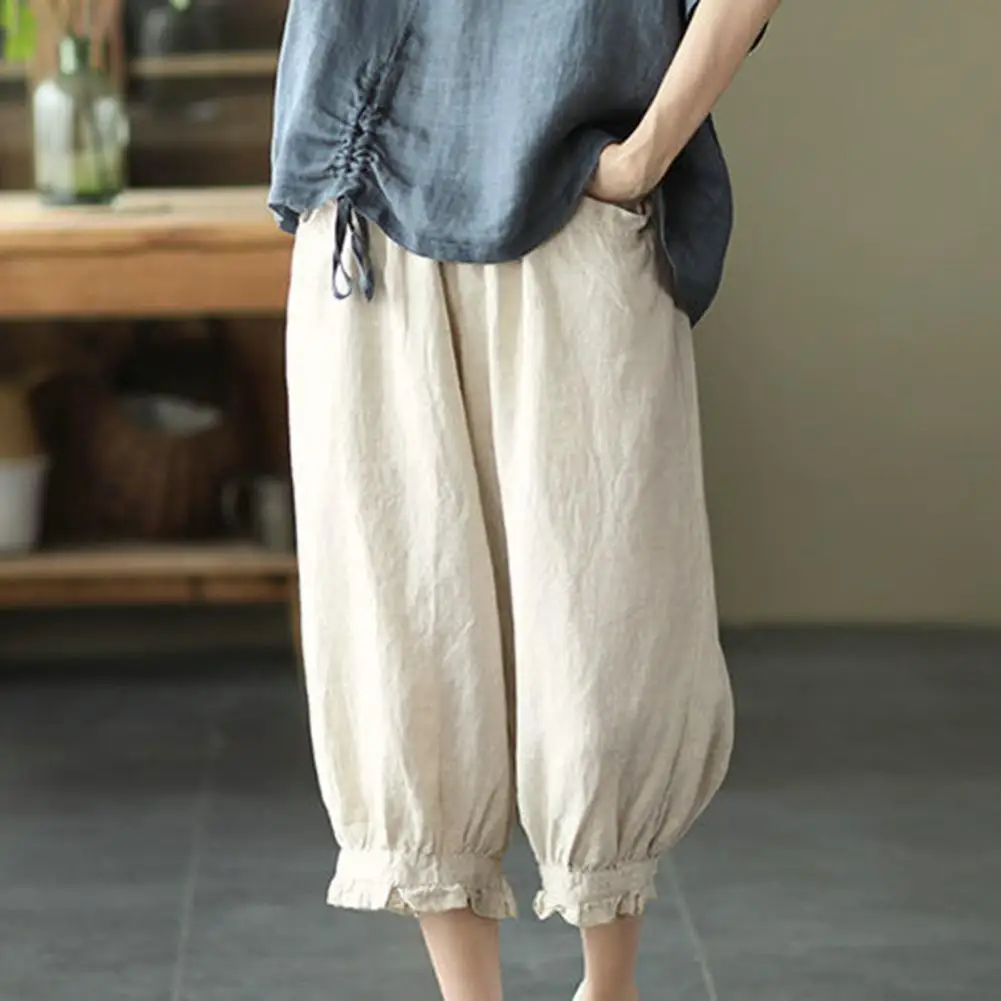 

Cotton Linen Women Pants Solid Color Soft Breathable Elastic Waist Loose Harem Pants Linen Pants Summer Casual Ninth Trousers