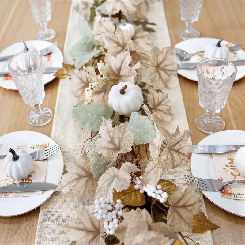 175cm Artificial Plastic Pumpkin Vine with White Pumpkins Maple Leaves Fall Garland Hanging Vine Decor for Thanksgiving Hallowee
