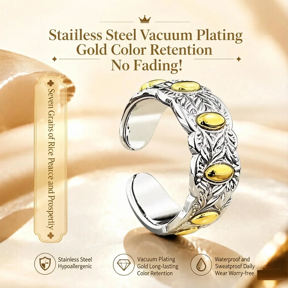 7 Grains Rice Ring for Women Stainless Steel Vacuum Gold Plated Open Adjustable Finger Ring Non Fading Lucky Jewelry Gift