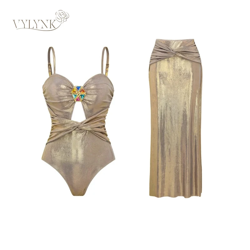 

2025 Women’s Glossy One-Piece Swimsuit Skrit Set Sexy Cutout Bikini Set Shiny Swimwear Luxury Bathing Suit Metallic Swim Apparel