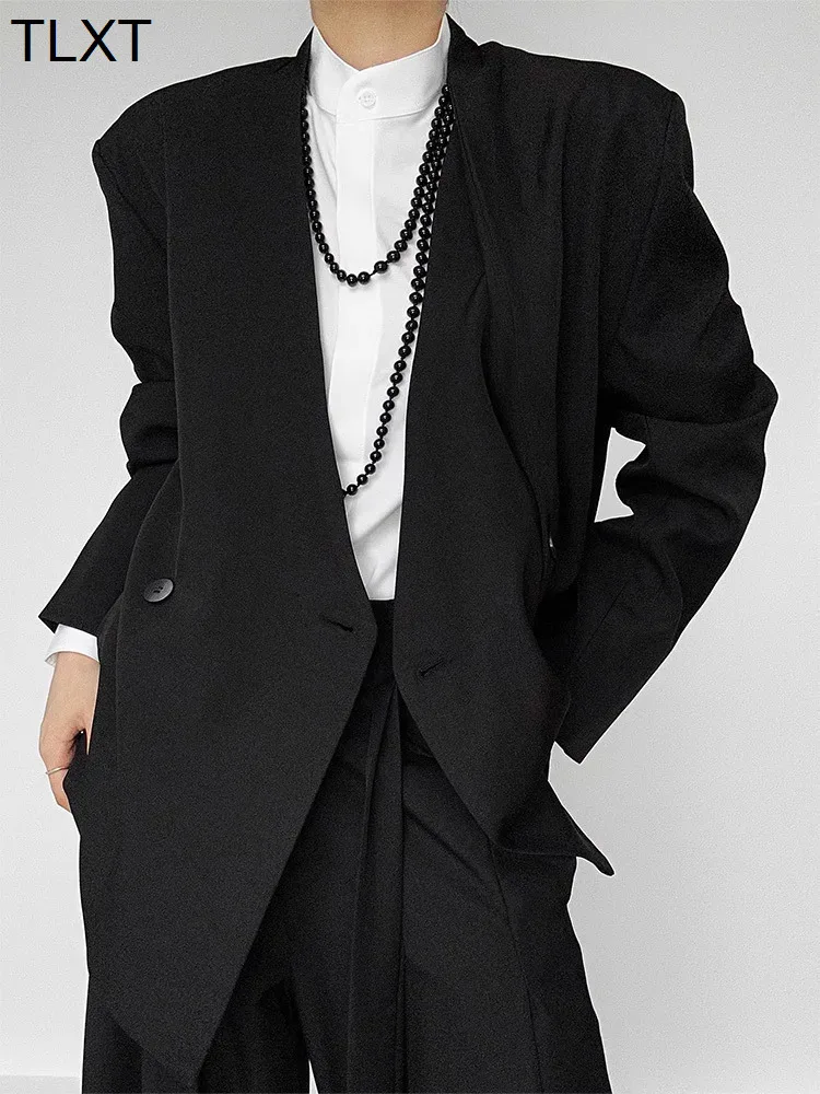 

TLXT Fashion Women's Ribbon Suit Jacket For Women V-neck Log Sleeves Single Button Lace-up Gathered Waist Coats Elegent XK1033