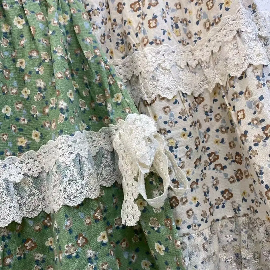 Japanese Sweet Lace Ruffled Mori Girl Pleated Skirt Vintage Cotton Linen Floral Long Skirts Female Elastic Waist Beach Faldas