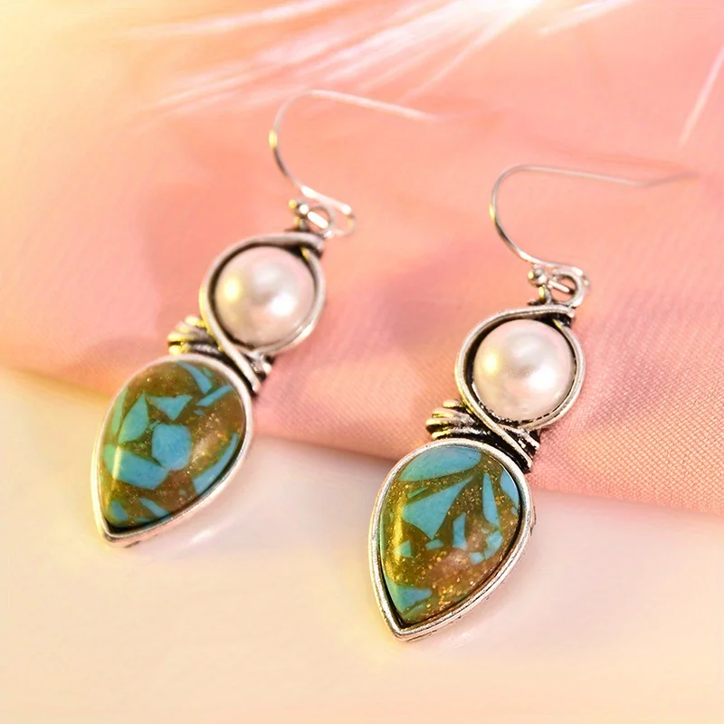 1Pair of Bohemian Retro Current Imitation Pearl Geometric Flower Light Pendant Earrings Exquisite Earrings Women's Jewelry Gifts