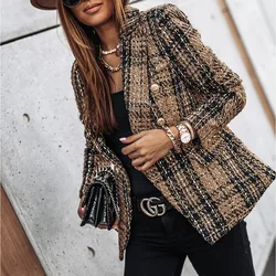 Fashion Slim Suit Collar Print Double Breasted Small Coat Autumn Winter Long Sleeves Casual Streetwear Jacket Office Lady Coats