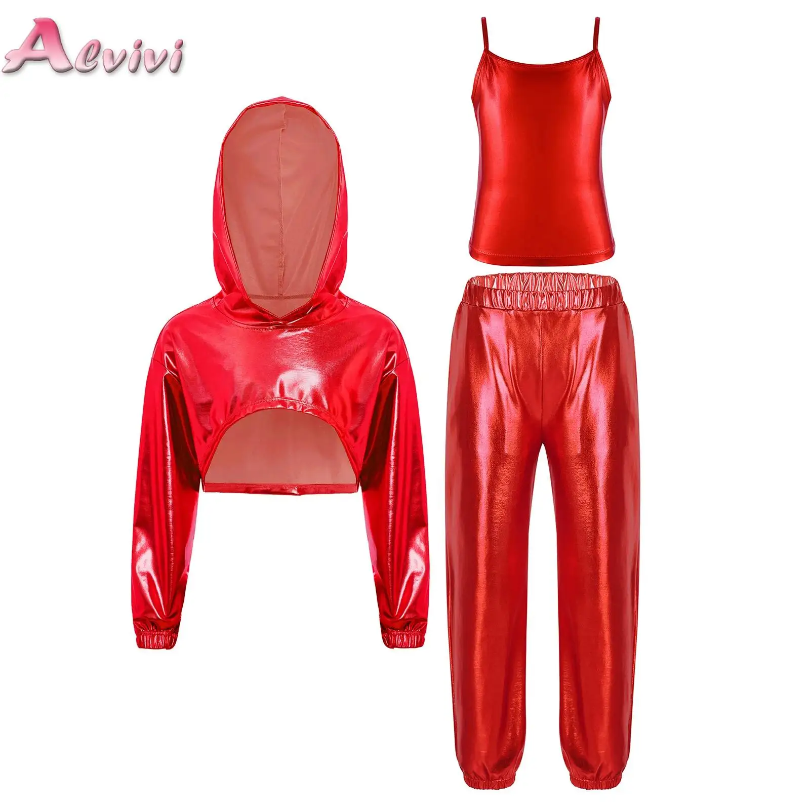 

Kids Girls Hip-Hop Jazz Dance Costume Long Sleeve Metallic Cropped Hoodie with Camisole And Pants Clothes Set for Performance