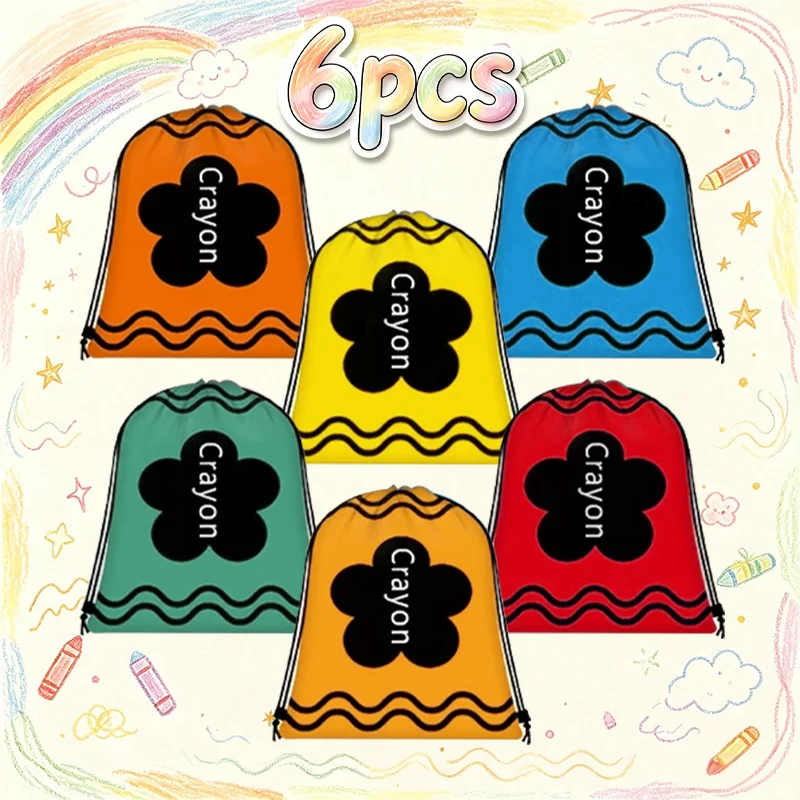 6PcsColorful Flower Crayon Drawstring Backpack - Lightweight Drawstring Bag for Sports, Gym, Travel, Party Favor & Storage Sack