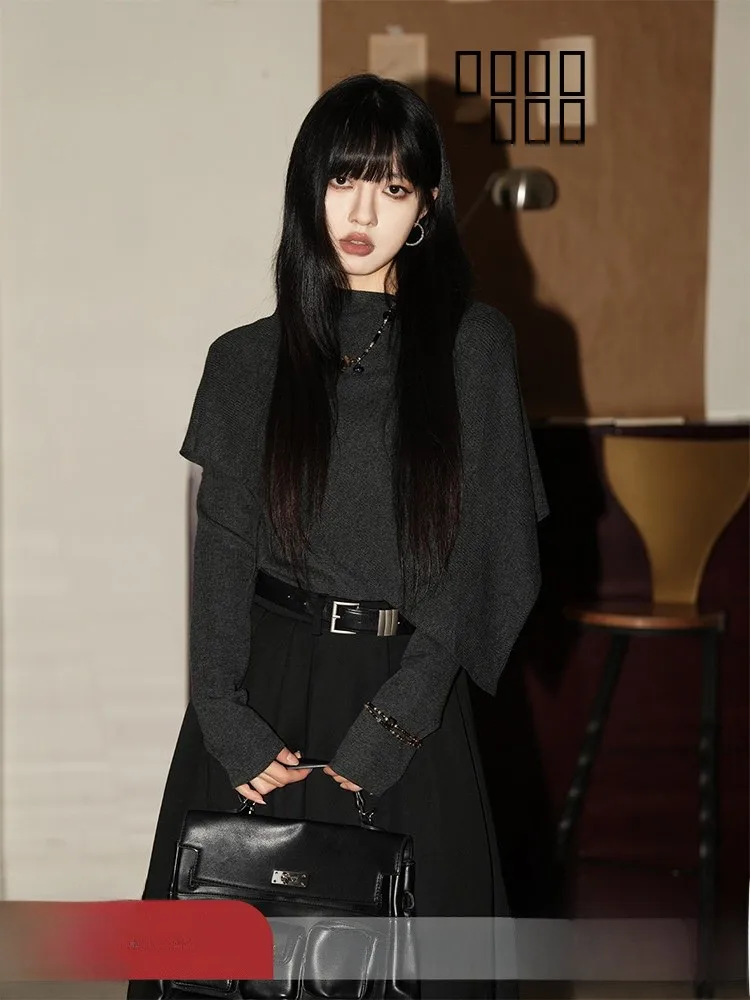 

Ретро-асимметричный шерстяной вязаный свитер для женщин, осенне-зимний базовый слой, с капюшоном-халатом, имитация двухслойного пальто для девушек