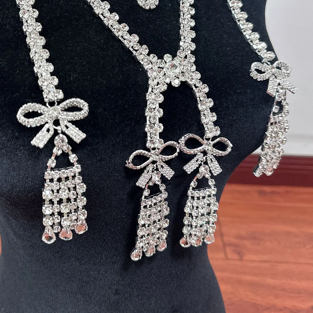 CUIER Exquisite Bowknot Fringle Tassel Rhinestone Necklace for Women Huge Size Body Chain Jewelry for Fashion show Accesories