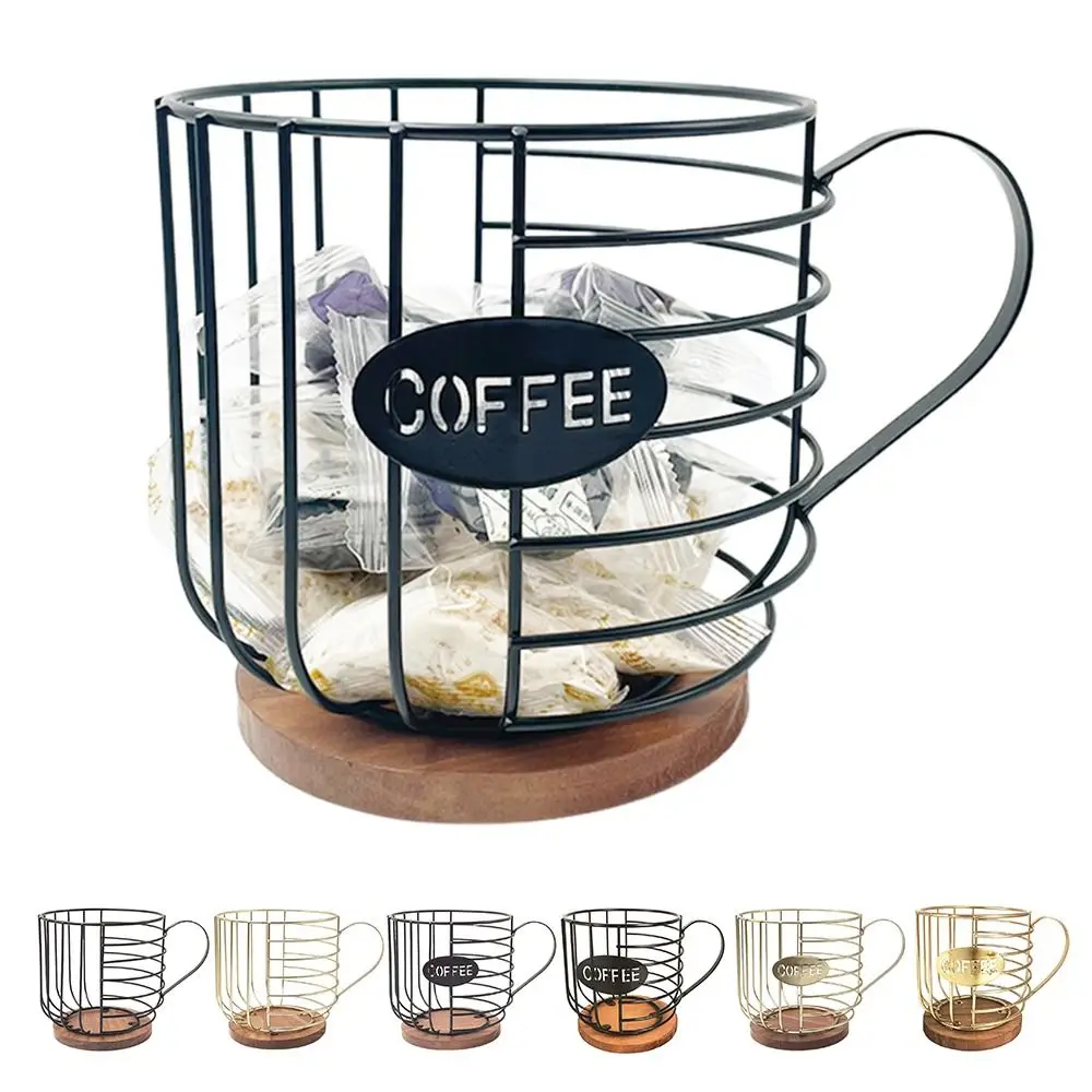 

Nordic Multicolor Coffee Pod Organizer Basket Cup Shape Iron Storage Basket Wood Base Fruit Plate Kitchen Countertop