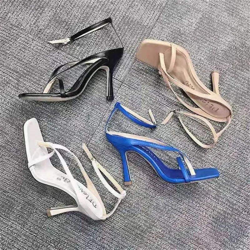 2024 Women Summer Pumps Sandals High Heels 9CM Shoes Flip Flops Ankle Strap Sexy Square Toe Sliod Buckle Party Sandals