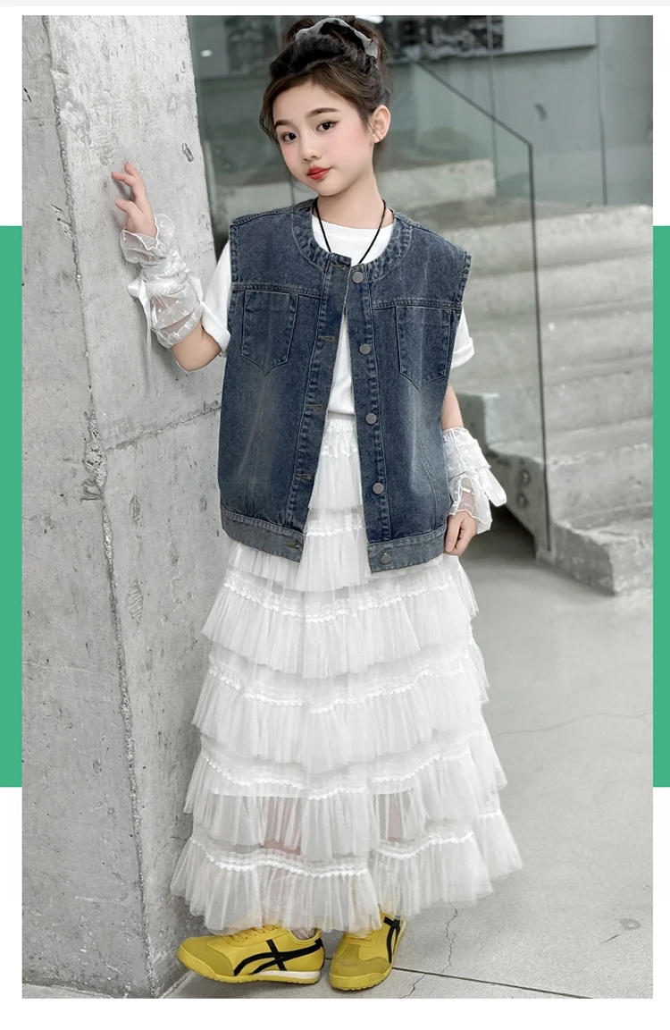 Elegante Kinder-Freizeit-Jeansweste mit Rundhalsausschnitt für Teenager-Mädchen im Alter von 5 6 7 8 9 10 11 12 13 14 Jahren, ärmellose Jacke, Weste. – Detail 7