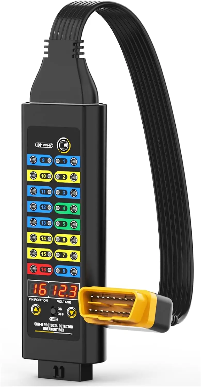 OBD2 Breakout Box 120Ω Resistor 12V/24V OBDII Protocol Detector for Communication/Power/Ground/ECU Testing, Display
