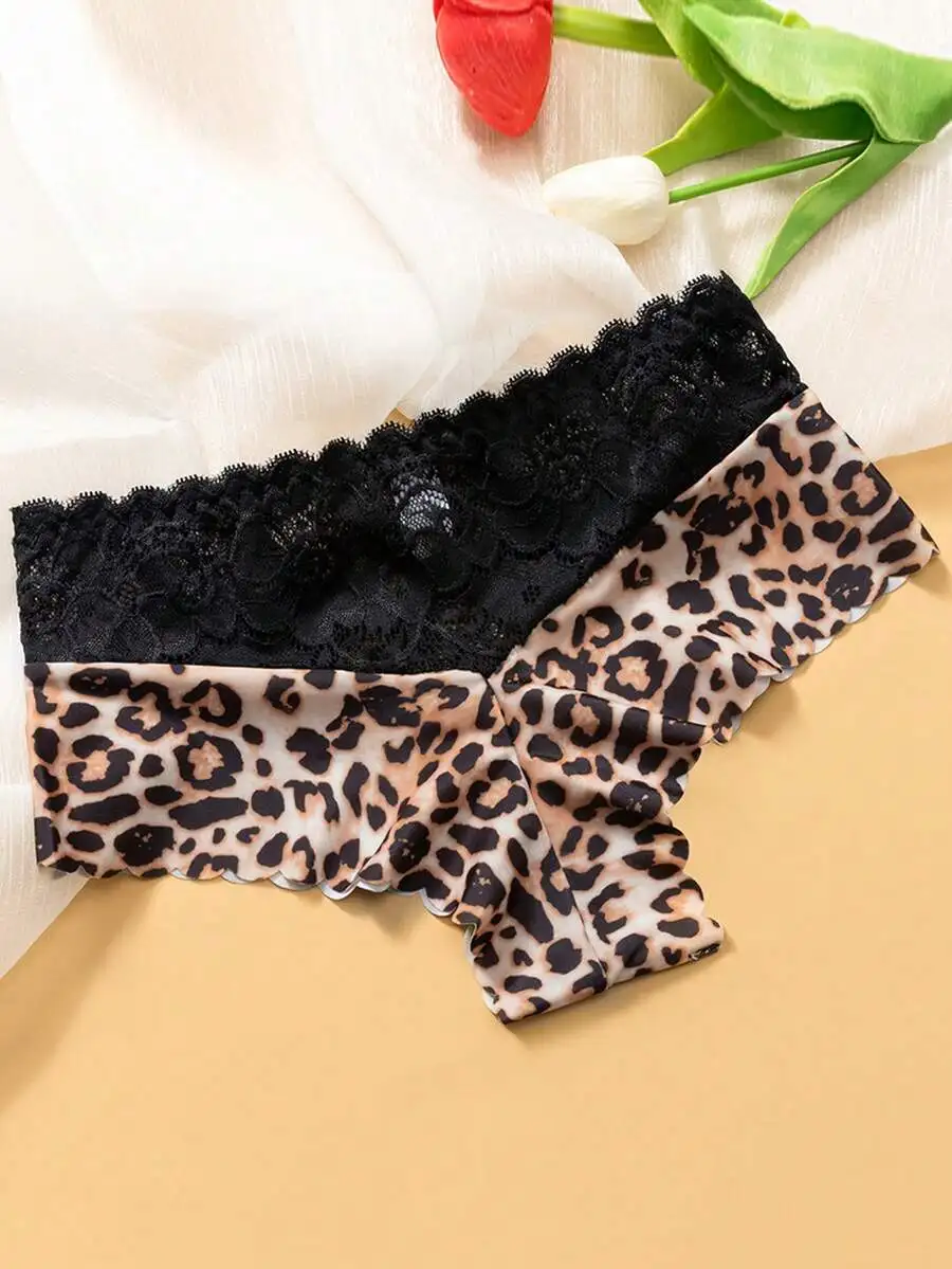 Womens Leopard Print Lace Patchwork Thong Underwear