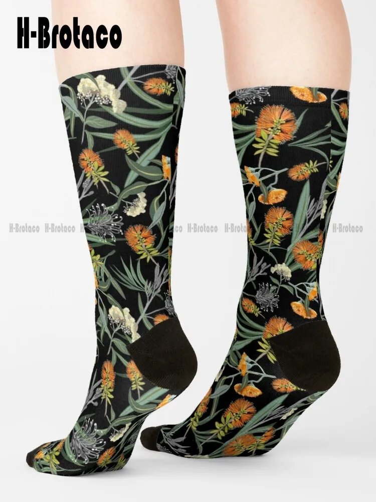 Botanical Australian Natives Flora Orange Pattern Boho Banksia Socks Men'S Novelty Socks Cartoon Teen Youth Socks Casual Art