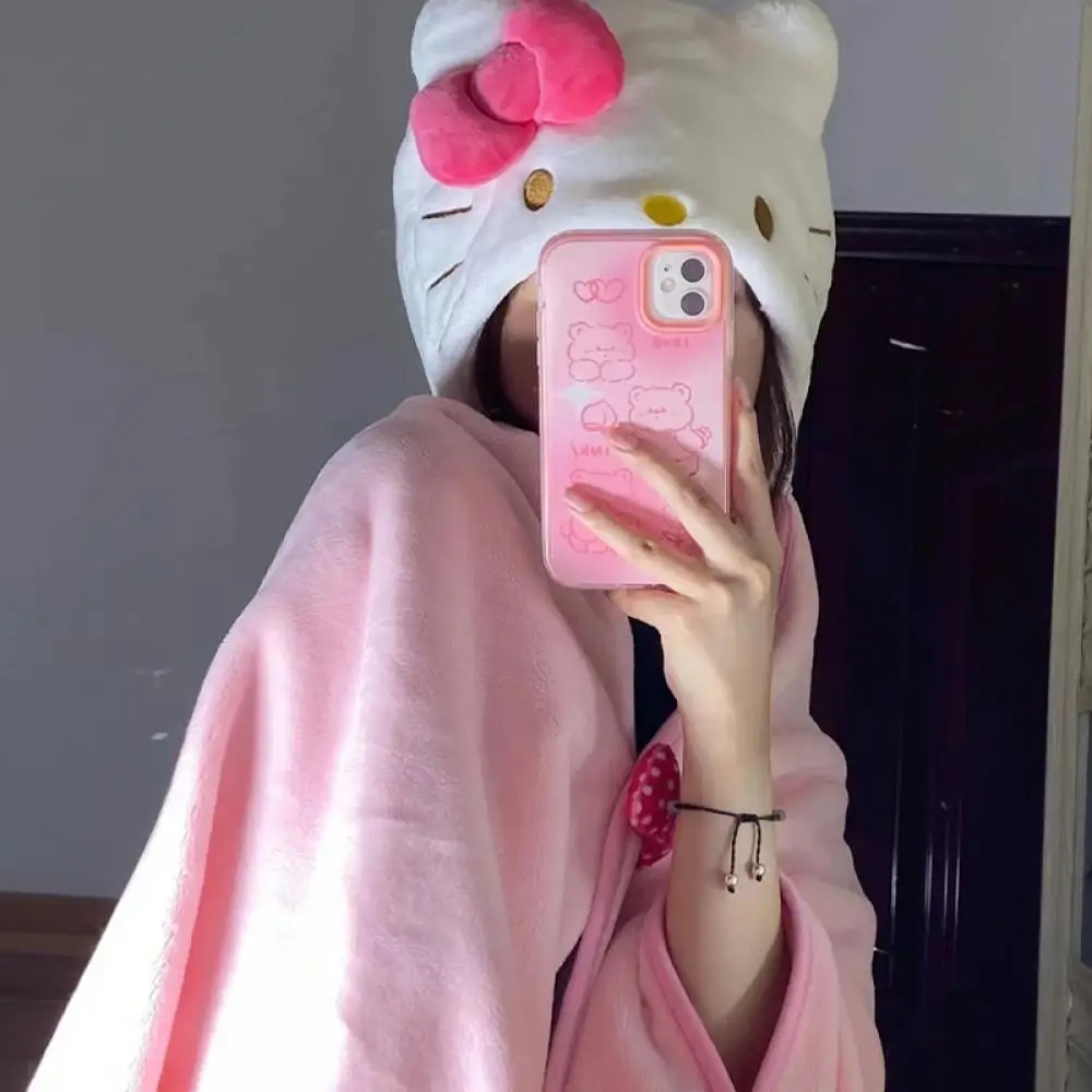 Anime Hello Kitty Cloak Sanrioed Plush Cape Kawaii Kt Hooded Blanket Shawl Quilt Hat Warm Soft Girls Cute Festival Birthday Gift