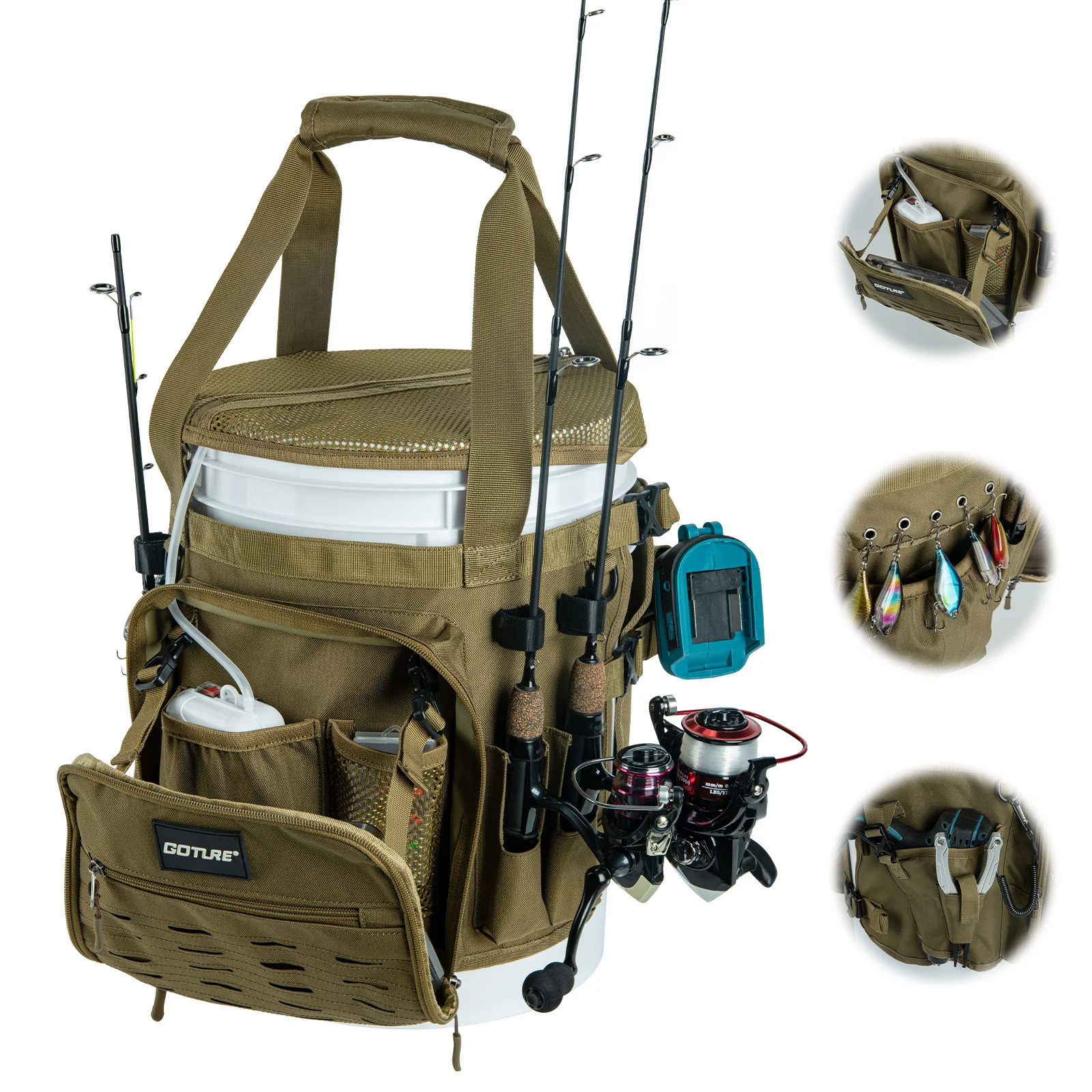 

Goture 900D водонепроницаемая сумка-ведро из ткани Оксфорд для рыбалки с стойкой для удочки и пряжкой, сумка с несколькими карманами для охоты на открытом воздухе, рыбалки