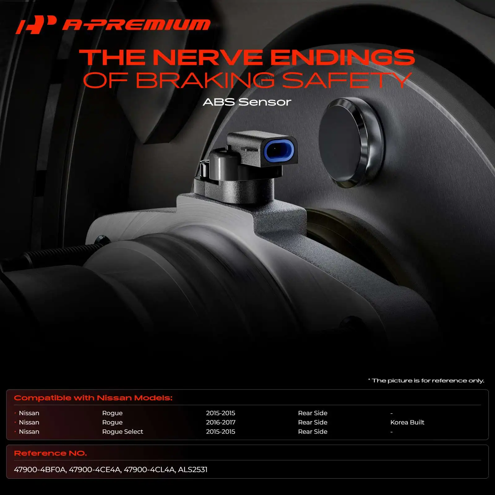 A-Premium Rear Driver or Passenger Side ABS Wheel Speed Sensor for Nissan Rogue 2015-2017 Rogue Select 2015