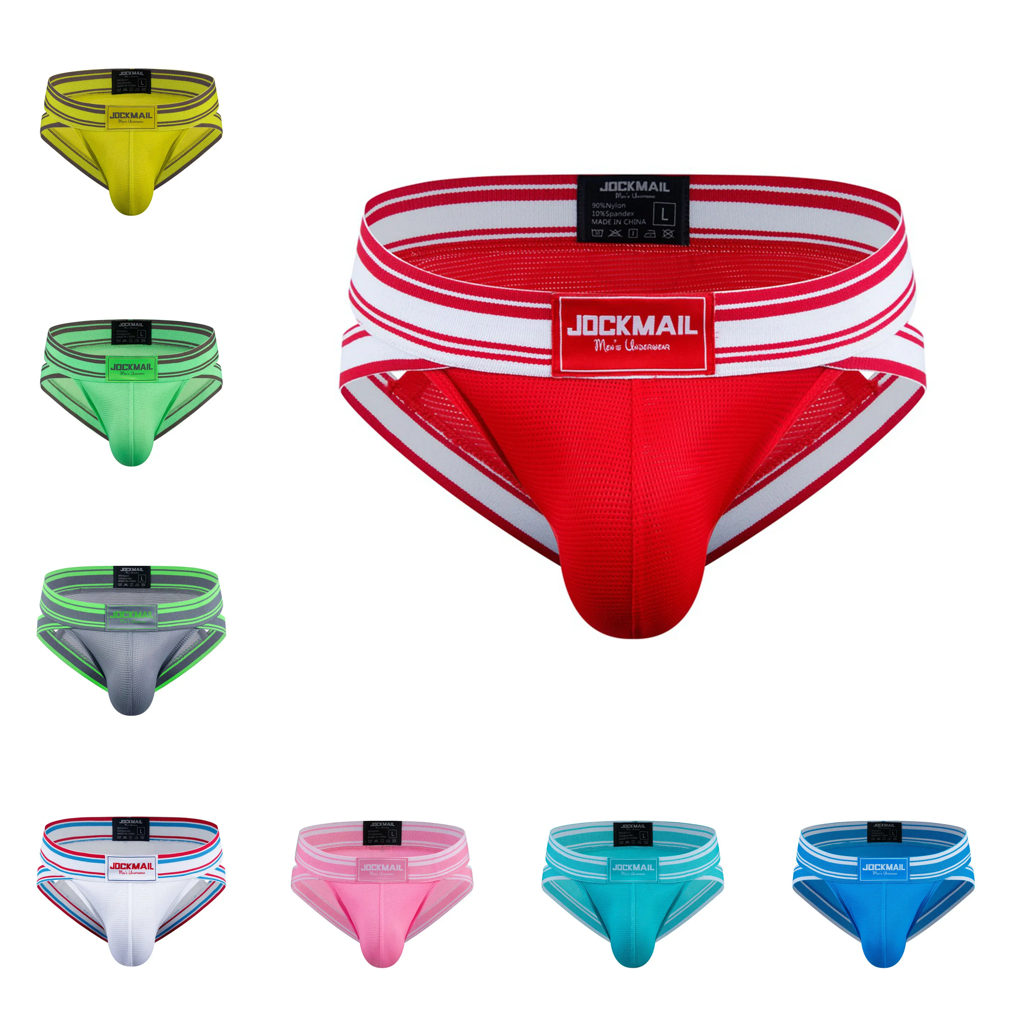 

Jockmail, нижнее белье, мужские сетчатые трусы в полоску, сексуальное нижнее белье с низкой талией, Hommes, хит продаж, 13 цветов, мужские треугольные трусики для геев