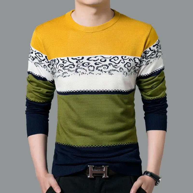 Fashion Men Long Sleeve Contrast Color T-shirt Spring Autumn New Slim Male Clothing Vintage Round Neck Casual Knitted Tops 2023