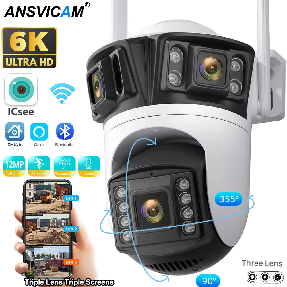 

iCsee APP 6K 12MP HD WIFI IP Camera Three Screen Outdoor Three Lens Ai Human Detection Waterproof CCTV Video Security Camera