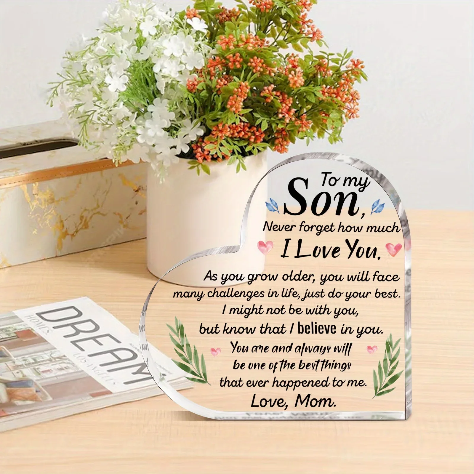 Heart Acrylic Desk Plaque To My Son From Mom, Loving Message Inspirational Keepsake Gift