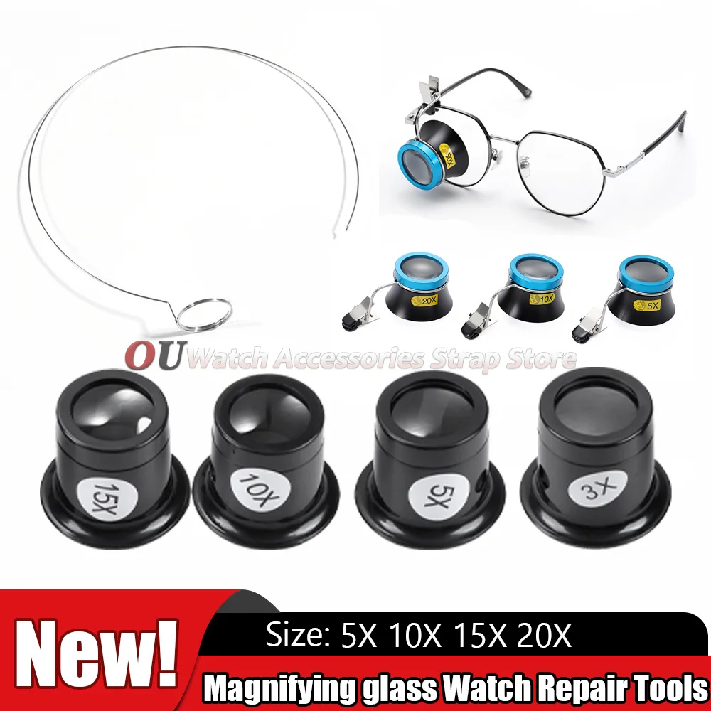 5X 10X 15X 20X Magnifying Glass Clip on Magnifier Watchmaker Jewelry 4Pcs Watch Repair Tools Magnifying glass kit Service tool
