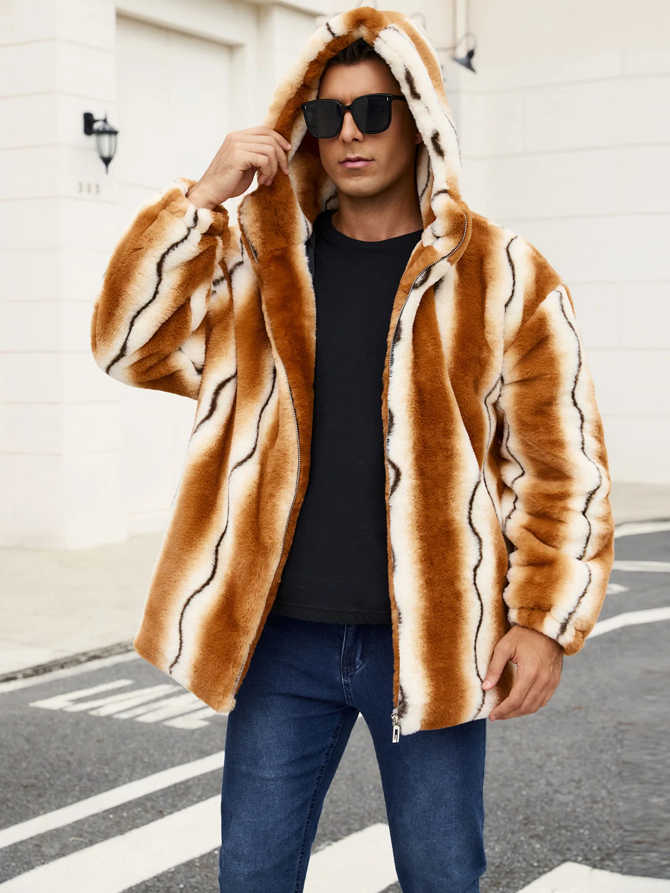 Trendy Men's Imitation Fur Coat Printed Striped Contrasting Hooded Jacket Rabbit Fur Style Warm Casual Outerwear for Men