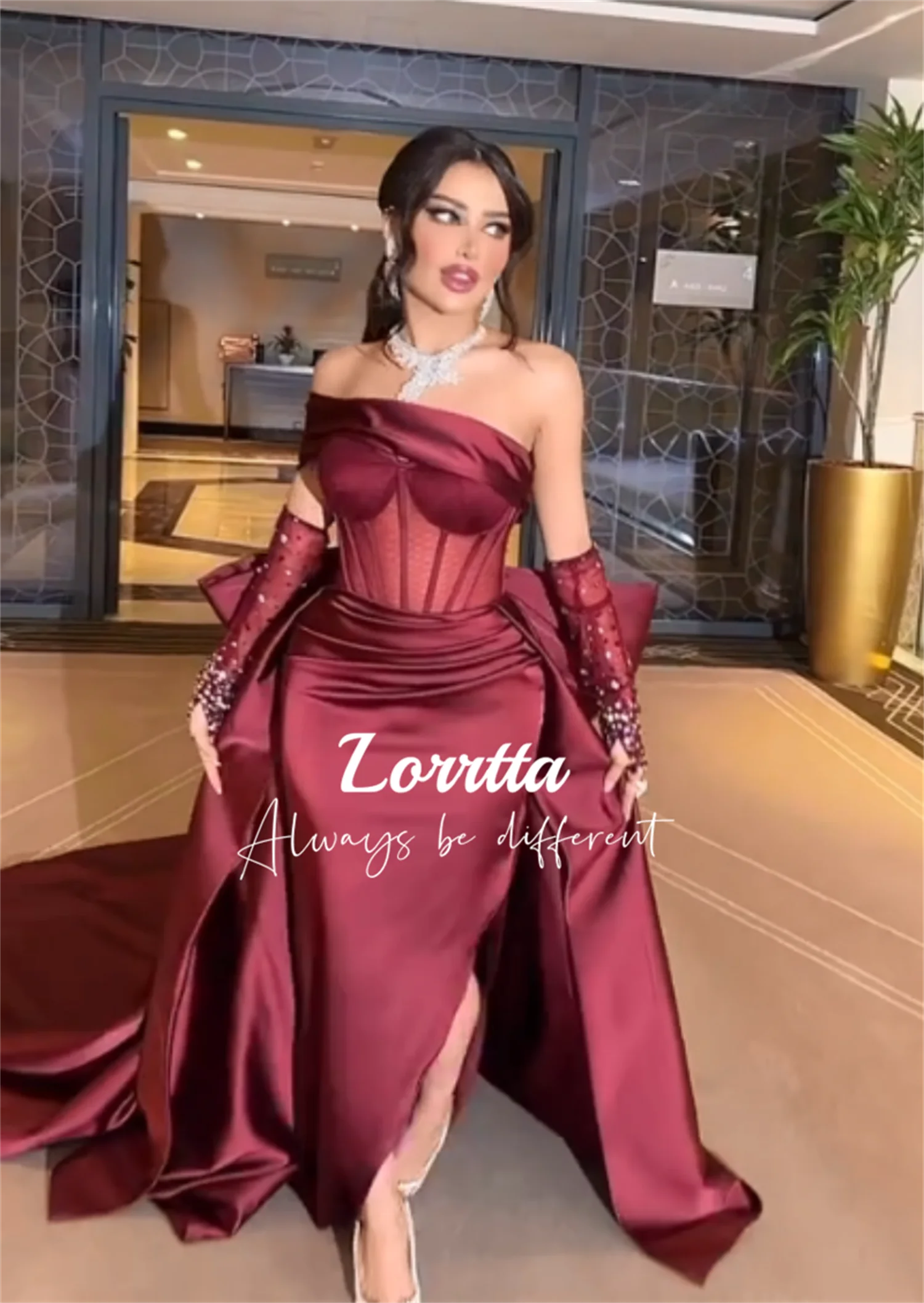 Lorrtta Off the Shoulders Folds Ground-length Reddish Brown Ball Gown Strapless Satin Mermaid Skirt Dresses Customized