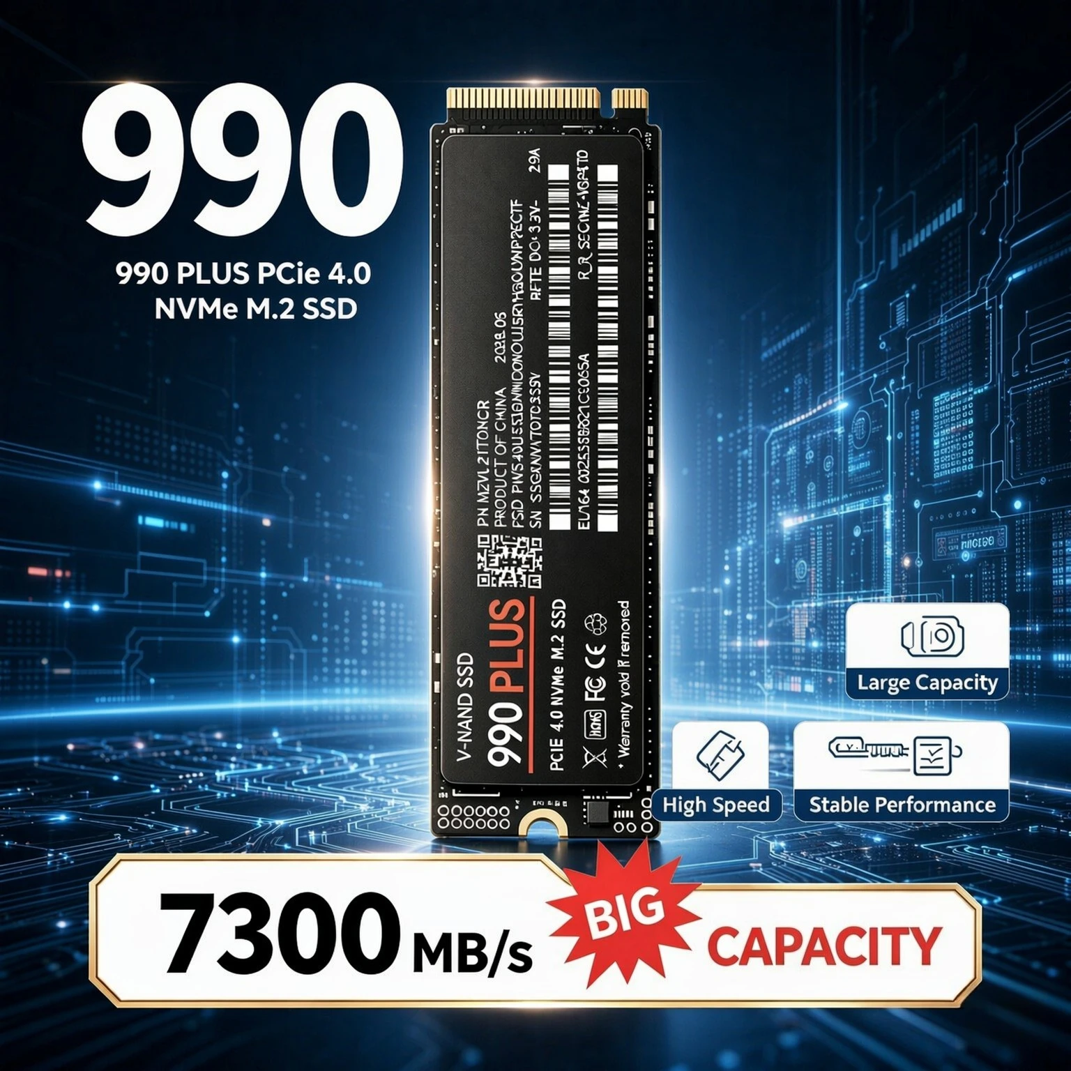 PCIe 4.0 NVMe M.2 2280 SSD 990 Plus New Up to 7300MB/s Read Speed Solid State Drive 2TB/4TB for PS5 Gaming Laptop & Desktop PC